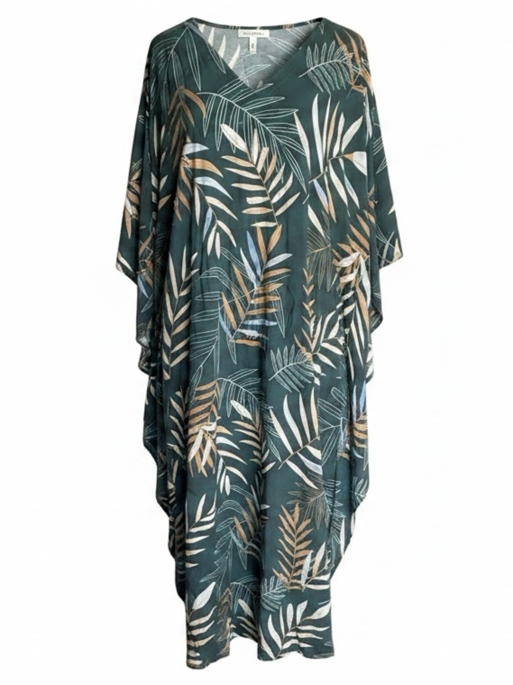 Green Tropical Leaf Print V-Neck Kaftan, OS